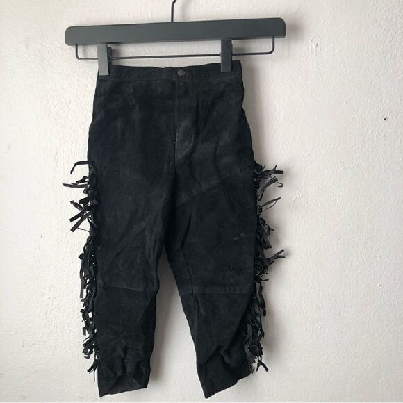 Vintage suede leather black fringe motorcycle pants size 4 - Picture 1 of 7